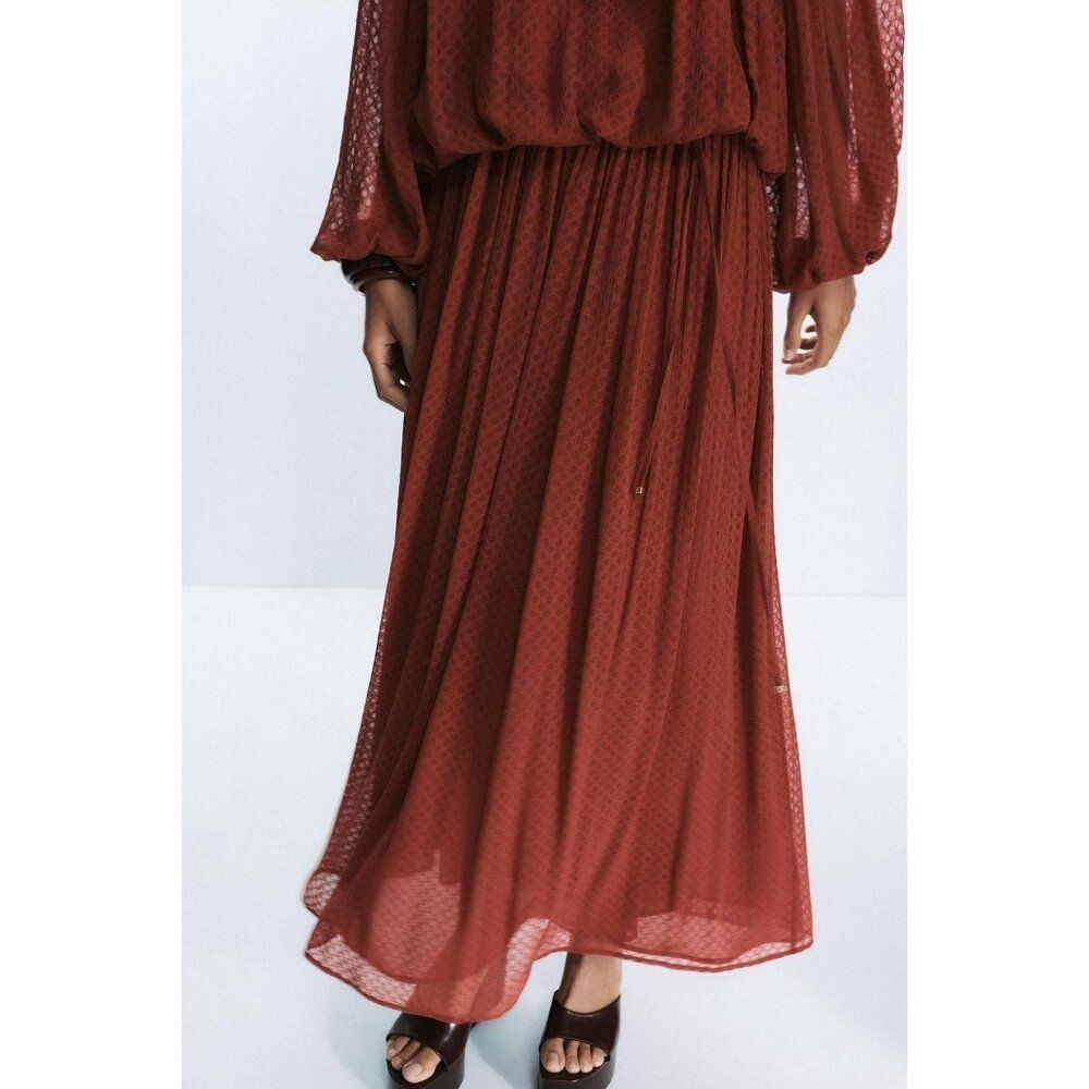 Zara Womens A-line Shirt S Red Midi Pleated High Waisted Flowy 8741/250 NWT